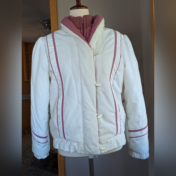 Vintage Puffy White/Pink Ski Jacket Dawn Zippered Toggles Pockets Women's size M - Picture 1 of 16